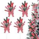 Peppermint Christmas Tree Picks Set of 4, Red and White Candy Cane Ornament Sprays with Bows and Greenery, Christmas Tree Topper Decorations, Peppermint Christmas Decor for Tree, Wreath and Garland