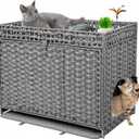 Cat Litter Box Enclosure Furniture Hidden, Pet House Litter Box Furniture for Large Cats, Handwoven Rattan with Door Cat Washroom Box, Indoor Cat House Storage with Soft Litter Mat, Grey