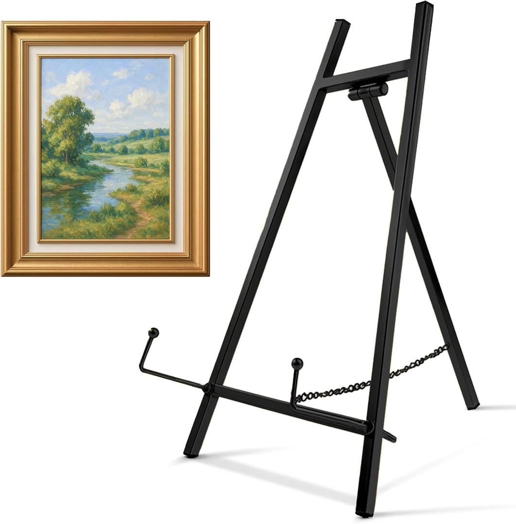 Falling in Art Metal Easel Stand, 16.5" Table Top Easel Stand for Display, Tripod Mirror Plate Stand Holder for Photos, Books and Wedding Signs, Black