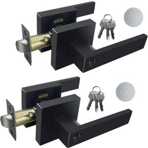 2 Pack Matte Black Door Handle Heavy Duty, Keyed Alike Entry Door Lever, Door Knobs with Lock and Key (Different Keys), Square Door Lever for Bedroom, Bathroom and Front Door