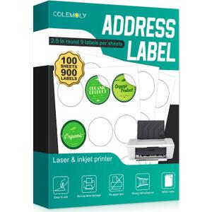 Colemoly Round Labels - 100 Sheets 2.5"(9 UP) Mailing Circle Sticker Paper for Laser/Inkjet Printer 900 Blank White Matte Adhesive