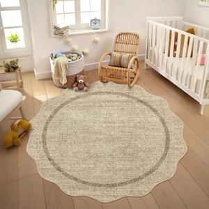 GarveeHome Scalloped Washable Round Rugs, Non-Slip Soft Round Rug 4ft Ultra-Thin, Small Boho Circle Stain Resistant Low Pile Carpet for Entryway Kitchen Bedroom Nursery Bathroom, Jute