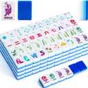 American Mahjong Tile Set(4 Layer), 1.2'' Mahjong Tile Set with Carrying Bag, 160 Blue Travel Mahjong Set, 4 All-in-One Rack/Pushers & Accessories, Unique Gift for Mahjong Lovers, Home/Travel, 1.2 x 0.9 x 0.5 inches