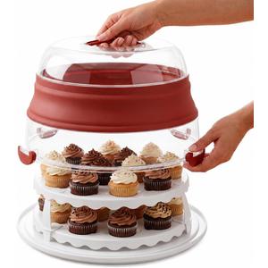 Collapsible Cake Carrier with Lid and Handle, 2-in-1 Cupcake Containers & Cake Holder, BPA-Free Portable Cake Container for Layer Cakes & 24 Cupcakes, Folds Flat to Save Space, Large