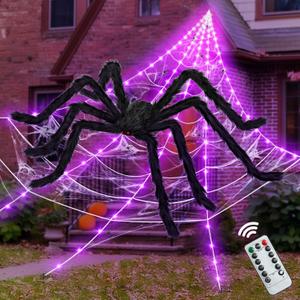 ININ 200" Halloween Light Up Spider Web with 250 LED Lights,Halloween Decorations Outdoor/Indoor,Scary Party Decorations with 59" Giant Spider & 20g Stretch Cobweb,for Yard/Lawn/Garden(Purple)