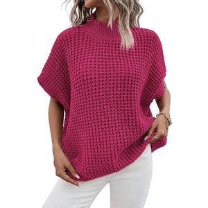 Viottiset Womens Oversized Short Batwing Sleeve Mock Neck Sweater Vest Fall Sleeveless Pullover Knit Sweaters (Medium, Hot Pink)