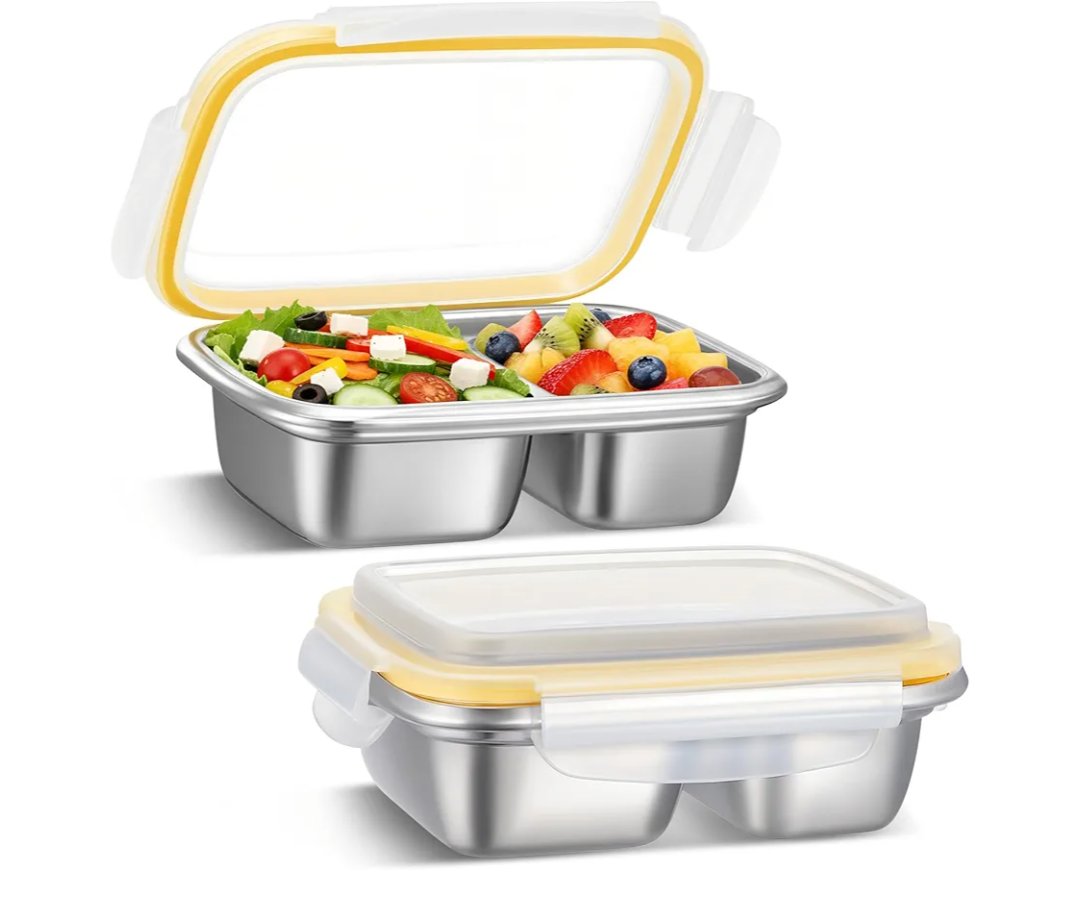 2 Pack Stainless Steel Snack Containers, 550ml Dual Section (Non Sealed Divider), Leak Resistant Lids for Dry Foods, 304 Stainless Steel, Reusable Food Storage for Office, School, Travel