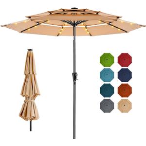 HOMSHADE 9FT 3-Tier Solar Patio Umbrella Heavy Duty, Vented Market Table Umbrella Windproof with 32 LED Lights, UPF50+, 5-Year Fade Resistant, 8 Thicker Ribs for Pool, Lawn, Garden, Deck (Beige,No Base)