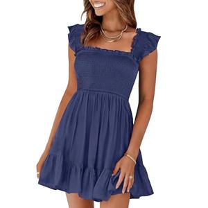 Prinbara Womens Summer Casual Square Neck Smocked Short Sundress 2025 Spring Beach Vacation Flowy Cute Teen Boho Dresses Navy Blue Medium