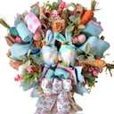 16 Inch Egolot Easter Mesh Deco Bunny Wreath with Eggs and Carrots for Front Door, Spring Pink and Blue Ribbon Easter Wreath for Spring, Rustic and Farmhouse Ribbon for Home Decor