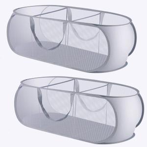 2 Pack Mesh Foldable Laundry Basket, 3 Compartments Up Mesh Hamper with Handles, Mesh Laundry Hamper for Laundry Room, Bathroom, Room, College Dorm or Travel (Grey)