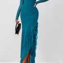 BTFBM Women's Maxi Dresses Fall 2026 Long Sleeve Ruched Bodycon Solid Ruffle Mermaid Cocktail Wedding Guest Dress (Blue, M)