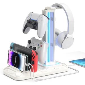 KDD Headset Stand with Charging Station - Detachable Controller Holder with 9 Light Modes - Rotatable Headphone Hanger with USB A&C Charger Ports - Earphone Hook for PC Gaming Accessories Storage (White)