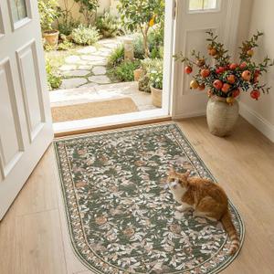 jinchan Eden Green Floral Area Rug for Entryway 3x5 Vintage Botanical Washable Rug Chair Mat Indoor Doormat Soft Non-Slip Low-Profile Throw Dirt Trapping Carpet for Home Office Study Room Kitchen