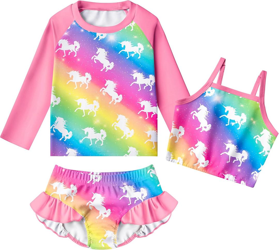 LQSZ Girls Rash Guard Sets Long Sleeves Swimsuit 3 Pieces Tankini Bathing Suit Swimwear for Girls 3-12 Years (6-7 Years, E-unicorn)