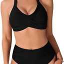 Uikue Women's Two Piece Swimsuits Full Coverage Bikini Set Tummy Control Bathing Suit Push Up V Neck Twist Front Swim Suits XXL