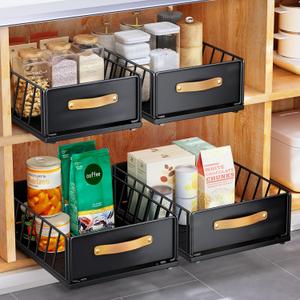 Pull out Cabinet Organizer Fixed with Adhesive Nano Film,Heavy Duty Slide out Pantry Shelves Drawer Storage,Sliding Mesh Cabinet Basket with Handle for Kitchen, Bathroom,Home, 9.8"WX 15.7"D X 6.2"H (Black(1PC))
