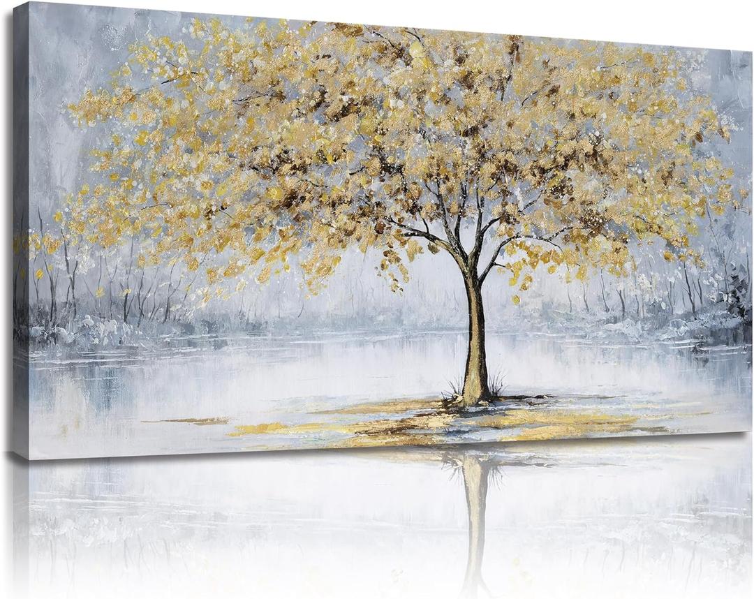 Belmrxne Tree of Life Wall Art Gold Small Wall Decor Landscape Canvas Painting Funny Artwork for Entryway Hallway Bathroom Living Room Bedroom Dining Room 12x24 Inches