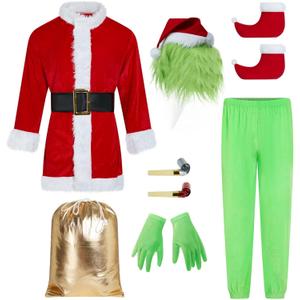 9PCS Adult Cosplay Costume,Green Monster Costume,Christmas Costume Set for Men,Santa Claus Outfit-Including Masks (X-Large)