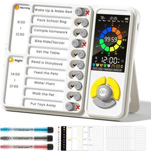 5 IN 1 Visual Timer for Kids/Adults with Chore Chart, ADHD Tools 12/24H Silent Task Timer and Pomodoro Timer, ADHD & Autism Sensory Products, Visual Schedule for Kids Back to School Supplies Off-white