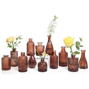 TBWIND 12-Piece Glass Bud Vase Set  Small Caramel Coffee Brown Etched Glass Vases with Unique Shapes and Weighted Base for Windowsills, Bathrooms, and Table Centerpiece Dcor