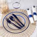 Goodluck 350 Piece Dark Blue Plastic Dinnerware Set for Party, Clear Disposable Plates for 50 Guests, Includes 100Plates, 50 Pre Rolled Napkins with Cutlery Set, 50 Cups, for Graduation, Birthday