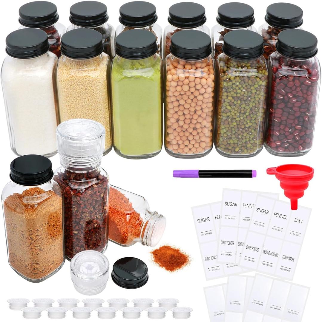 15 Pack 8oz Glass Spice Jars with Grinders, Square Spice Bottles with Deeper Shaker Lids & Airtight Metal Caps, Seasoning Containers with Labels for Spice Organization, Fits Cabinet, Spice Rack