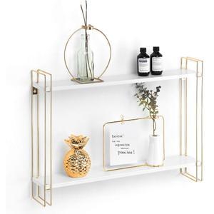 J JACKCUBE DESIGN White and Gold Floating Shelf, 2 Tier Wall Mount Shelves for Modern Wall Dcor, Display and Storage for Living Room Bedroom, Bathroom, Kitchen -MK534A