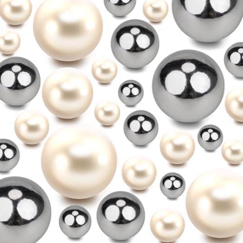 TMCLHXYNF 150Pieces Floating NO Hole Pearls Beads for Vases Faux Pearls,Floating Creamy White,Silver Pearl Floatings Candle Beads for Vase Fillers Centerpiece for Party Table Wedding