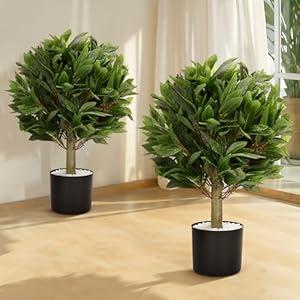 bimiti 24 Inch Artificial Topiary Bay Ball Trees, Set of 2 Large Faux Bushes, UV Resistant Fake Evergreen Plants for Outdoor Indoor Garden Porch Decor, Modern Faux Bushes