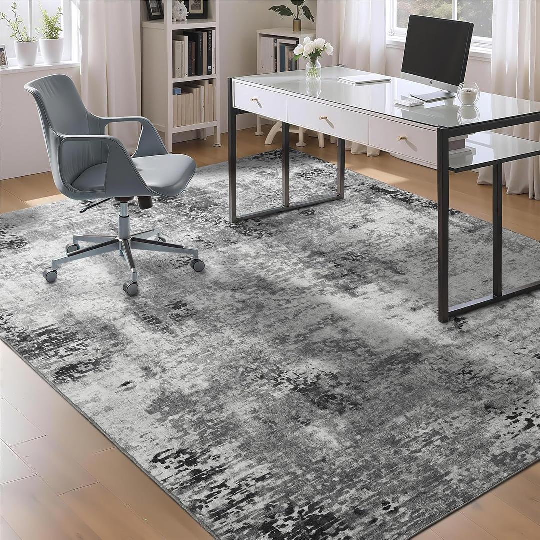 Living Room Rug 9x11 Gray Area Rugs Machine Washable Abstract Boho Large Rug Non-Slip Non-Shedding Faux Wool Indoor Vintage Carpet for Bedroom, Classroom, Dining Room, Kids Playroom (Grey)