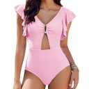 AI'MAGE Women's One Piece Swimsuit Tummy Control Cutout Ruffle Bathing Suits 2024 Swimming Suit Pink, L
