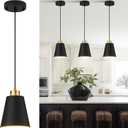 Matte Black Mini Pendant Light 7.87in Cone Kitchen Island Pendant Lighting with Gold Modern Hollow Shade Hanging Light Fixture for Kitchen Dining Room Bar 63" Adjustable Cord, 1 PCS