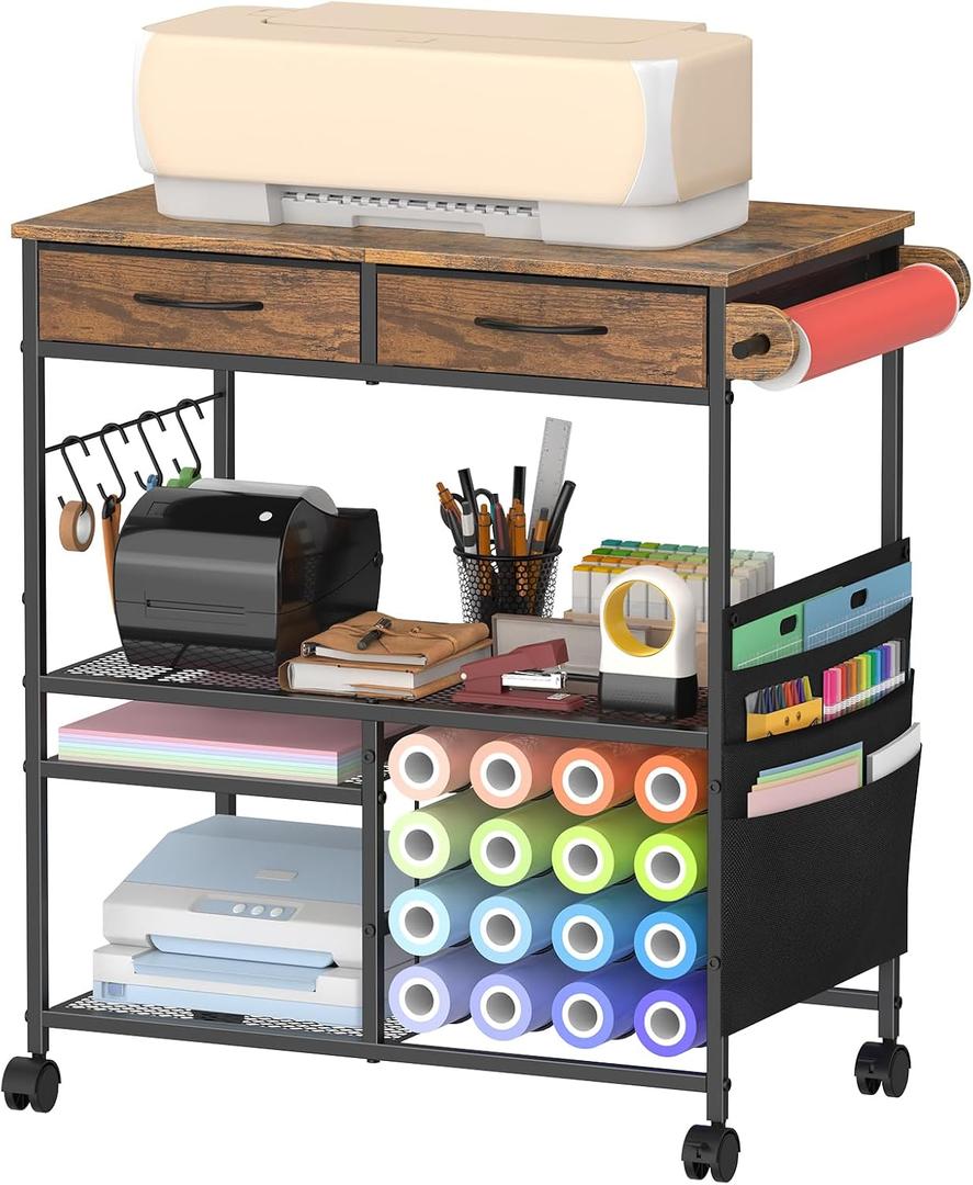 Mobile Craft Cart with Vinyl Roll Holder, Crafting Table Accessories Holder, 24.8 x 14.3 x 29 inches