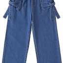 Hilinker Girls Bow Knots Baggy Jeans Cute Elastic Waist Straight Leg Denim Pants with Pockets (Blue, S)