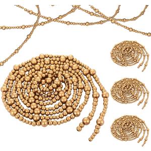 6 Pcs 108 ft Gold Christmas Tree Wood Bead Garland Christmas Wooden Beads Garland Hanging Vintage Xmas Decor Rustic Farmhouse Home Decor for Table Wall Holiday Mantel Ornaments