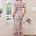 NeeMee Women's 3D Floral Embroidery Dress Ruffle Sleeve Fishtail Lace Bodycon Party Cocktail Mini Dress(Purple-XL)