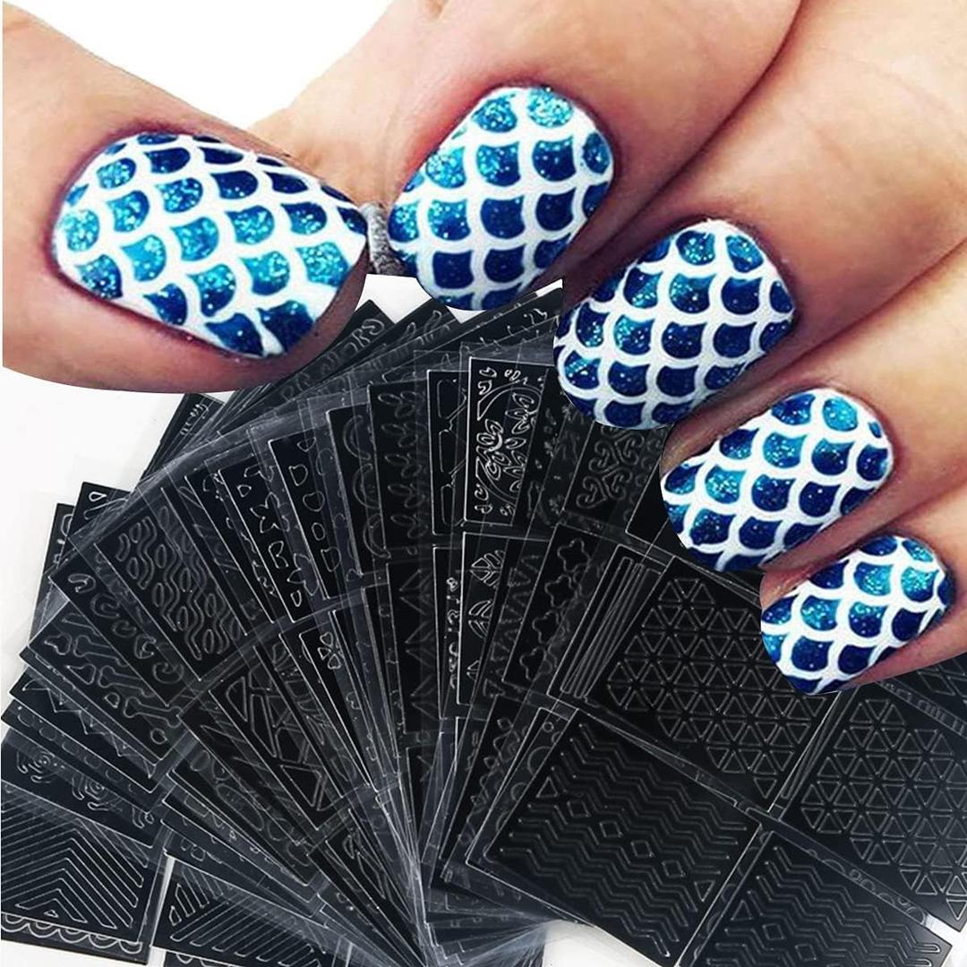 Nail Stencils for Nail Art Reusable,Nail Vinyl Stencils Sticker 144 Pieces 72 Designs,Hollow DIY Manicure Decoration Decals French Tip Nail Guides Supplies 24 Sheets.