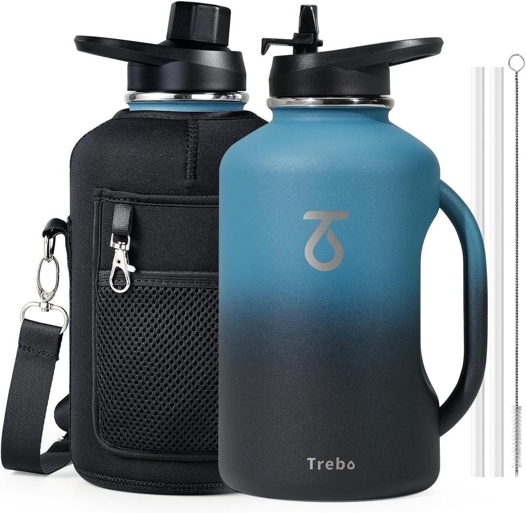 Trebo Half Gallon Water Bottle 64oz with Handle,Double Wall Vacuum Insulated Large Water Jug,Stainless Steel Water Bottle Flask,Gym Water Bottles For Men with Straw Spout Lids Strap,Indigo Black