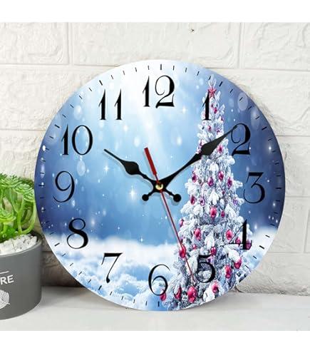 10 Inch Wall Clock Wooden Christmas Tree Battery Operated Wall Clocks Silent Non-Ticking Square Wall Clock for Living Room Kitchen Home Office Wall Decorative Clocks