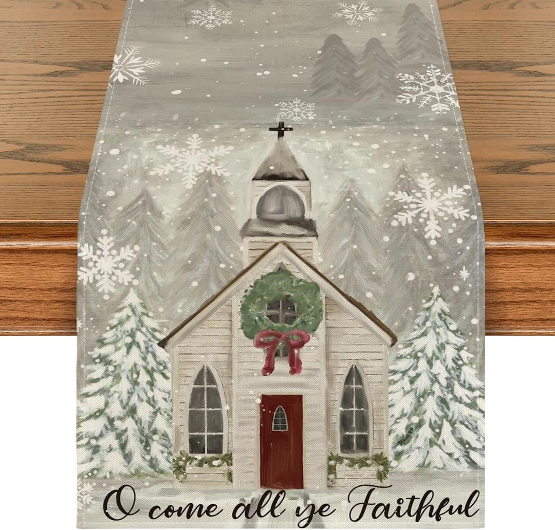 Artoid Mode Church Xmas Trees Snowflakes Merry Christmas Table Runner, Bow Tie Kitchen Dining Table Decoration for Outdoor Home Party 13x90 Inch (Table Runner, 13" x 90", Silver)