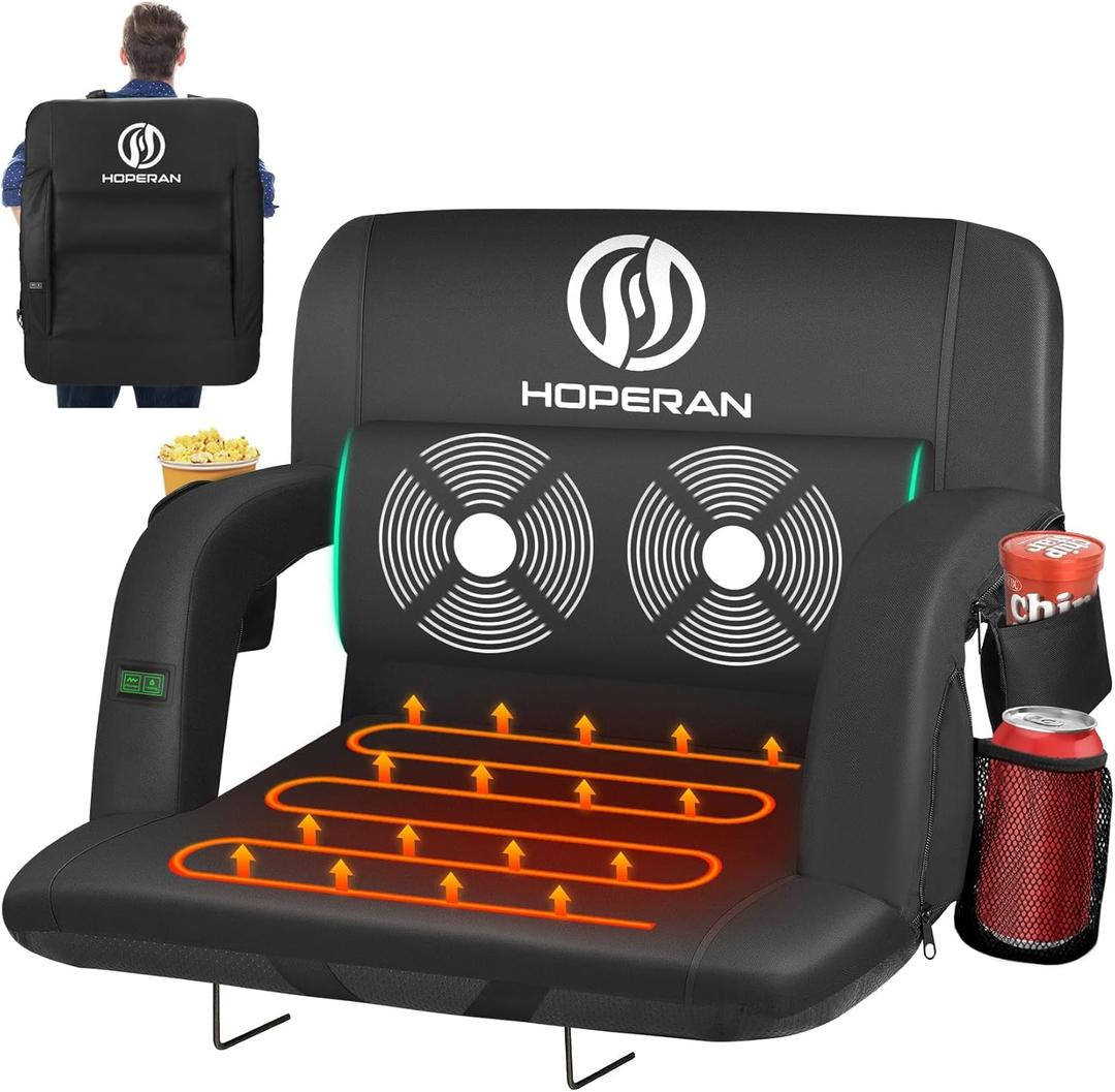 HOPERAN Massage Heated Stadium Seats for Bleachers with Back Support & Lumbar Pillow, 3 Level Heating & 6 Modes Massage Portable Heated Stadium Chairs for Bleachers (21" Regular, 1pc Black)