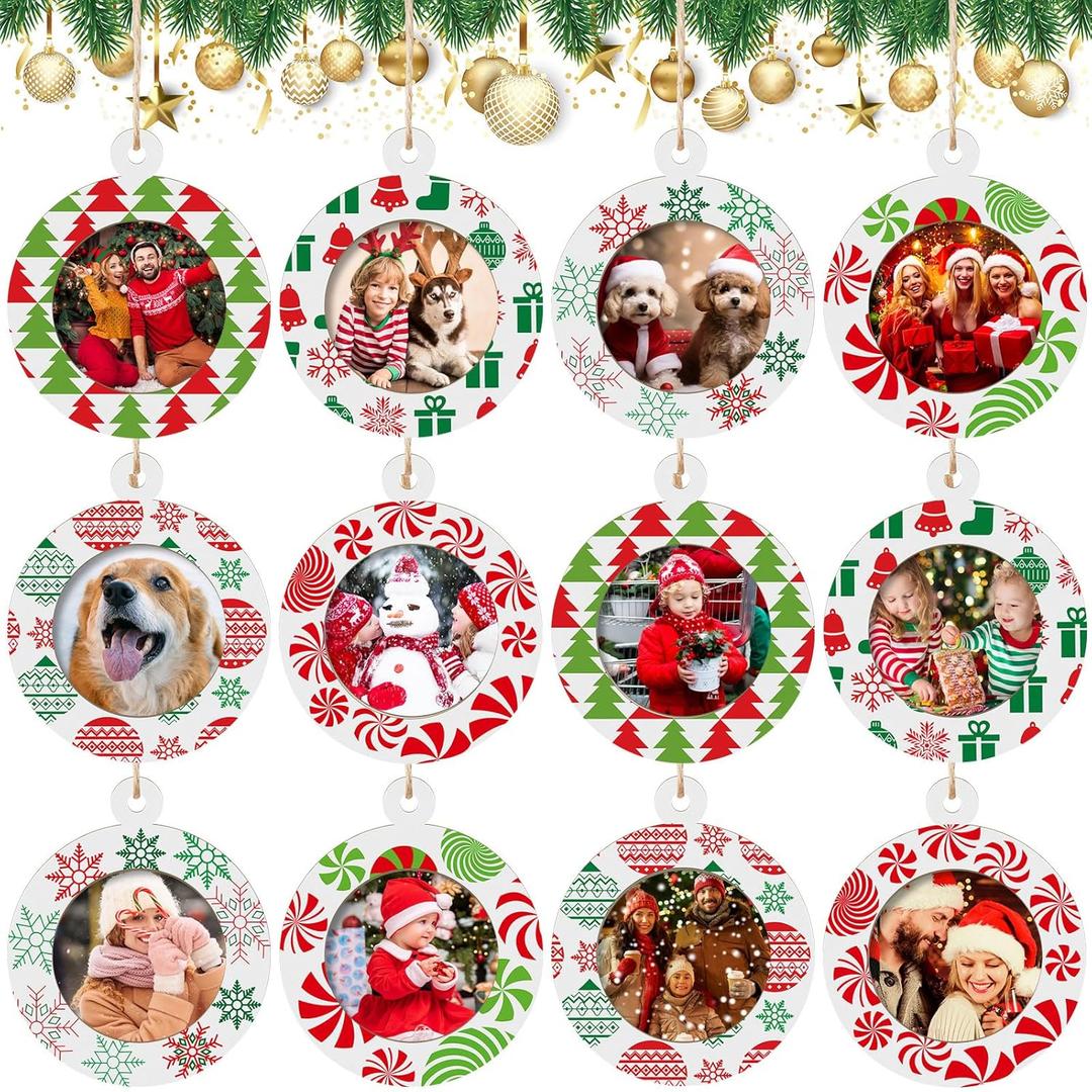 Thyle 12 Pcs Christmas Picture Frame Ornament Wooden Round Photo Frame Hanging Ornaments for Christmas Tree Xmas Holiday Party Decoration (Classic Style)