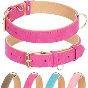 Leather Dog Collar for Small Medium Large Dogs, Soft Padded Dog Leather Collar with Heavy Duty Gold Buckle, Durable & Comfortable for Small Dogs Daily Walking (Hot Pink, S) (S:Neck 10-14, Width 3/4)