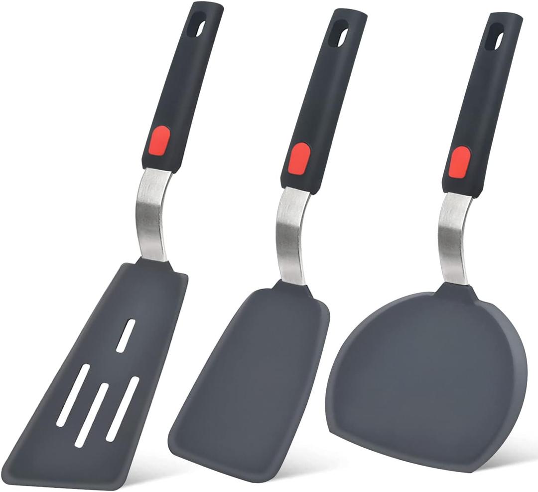 Silicone Spatula Turner Set of 3, Beijiyi 600F Heat Resistant Cooking Spatulas for Nonstick Cookware, Large Flexible Kitchen Utensils BPA Free Rubber Spatula Set for Egg, Pancake, Fish, Burger (Black+Grey)