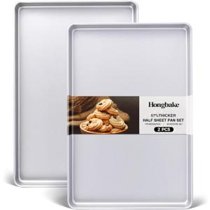 HONGBAKE Half Baking Sheet Pan Set of 2, Nonstick Cookie Sheet for Oven, Heavy Duty 1/2 Commercial Cookie Trays, Dishwasher Safe - Silver