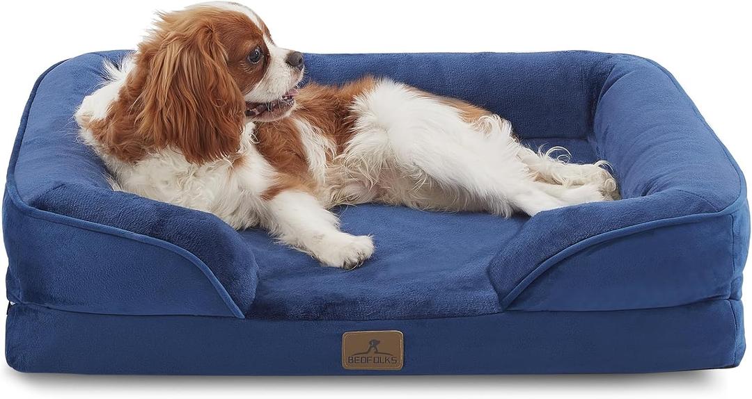 Bedfolks Orthopedic Dog Bed, Waterproof Dog Sofa Bed for Medium Dogs, Egg Foam Pet Couch Bed with Removable Washable Cover and Nonslip Bottom, Navy Blue (28.0"L x 23.0"W x 6.5"Th)