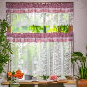 ARTMAGIC Red Plaid Kitchen Curtain Valance and Tiers Set Farmhouse Lace Sheer Curtains Set Short Window Rod Pocket for Kitchen Bedroom Bathroom Living Room(Red,3pcs,54"x18"+27"x24"x2)