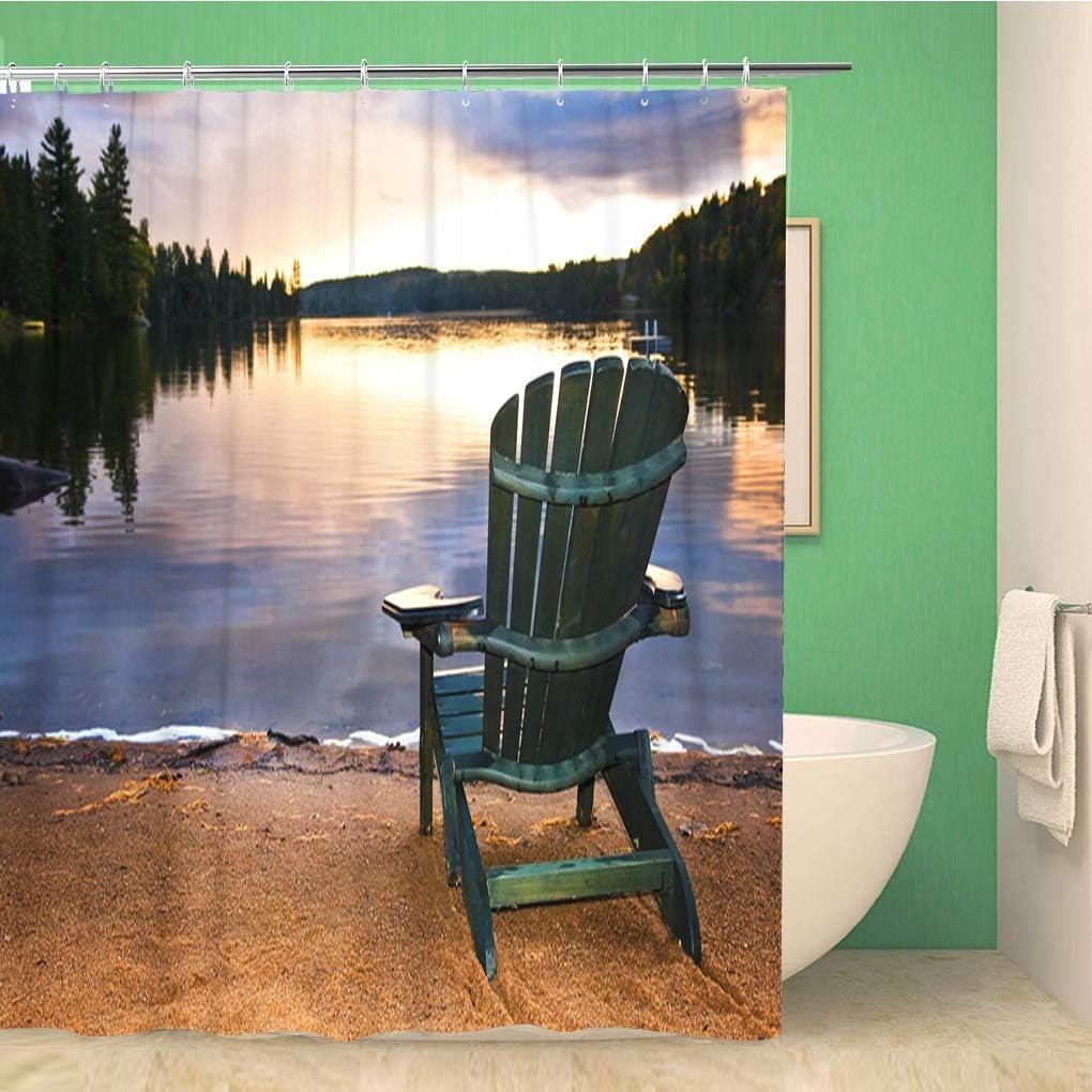 Bathroom Shower Curtain Colorful Wooden Chair on Beach of Relaxing Lake at Polyester Fabric 72x72 inches Waterproof Bath Curtain Set with Hooks