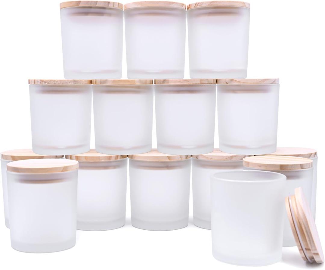 SHOWIN 8 OZ Thick Candle Jars for Making Candles 15 Pcs, White Empty Jars with Wood Lids for Candle Making, Sample Container,Frosted White